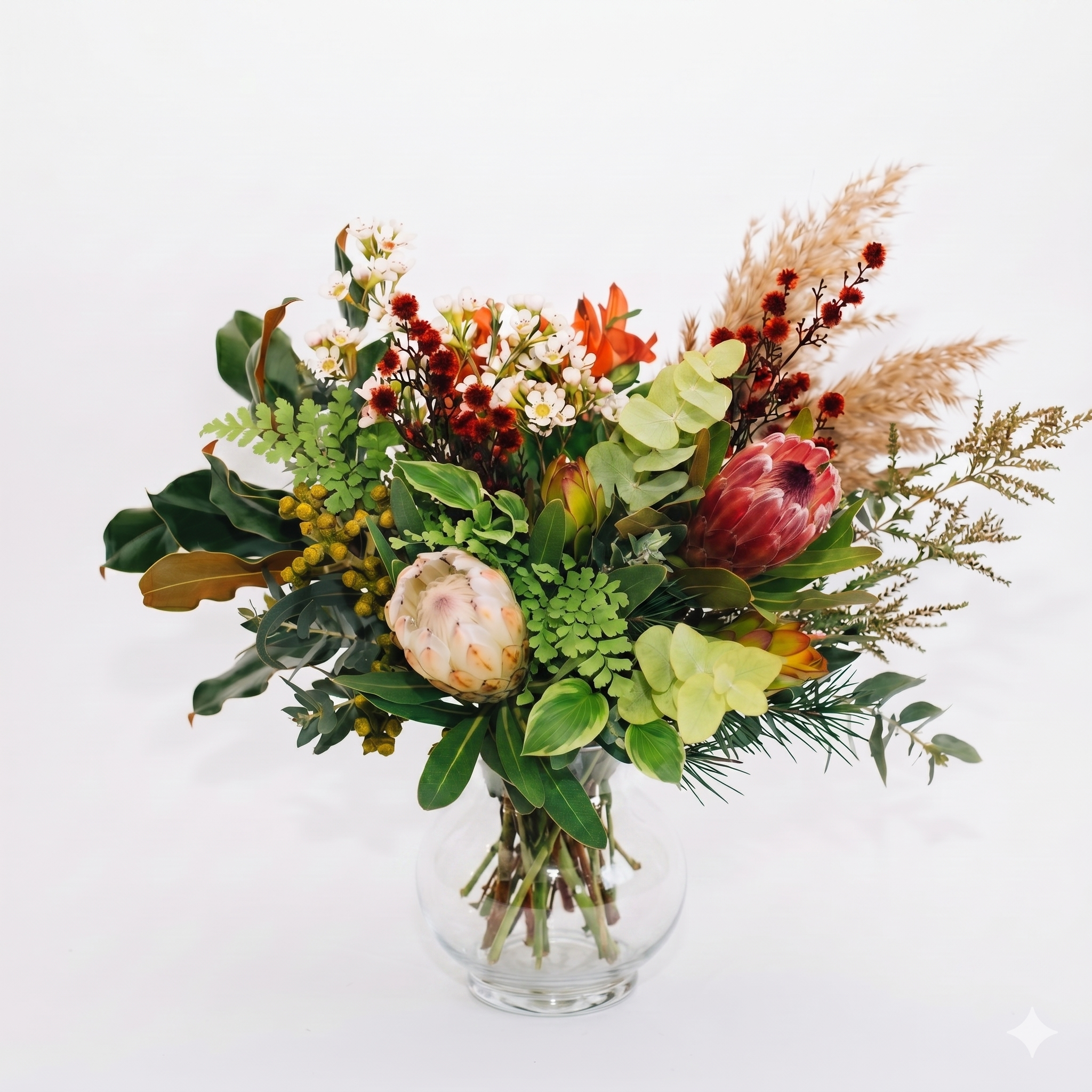 Native Classic Australian wildflower bunch with proteas, leucadendrons and gum