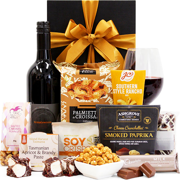 Best Wishes gift hamper with Australian wine and snacks in a black gift box