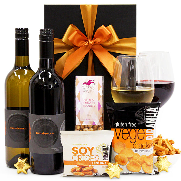 Put Your Feet Up wine and snack gift hamper in a black gift box