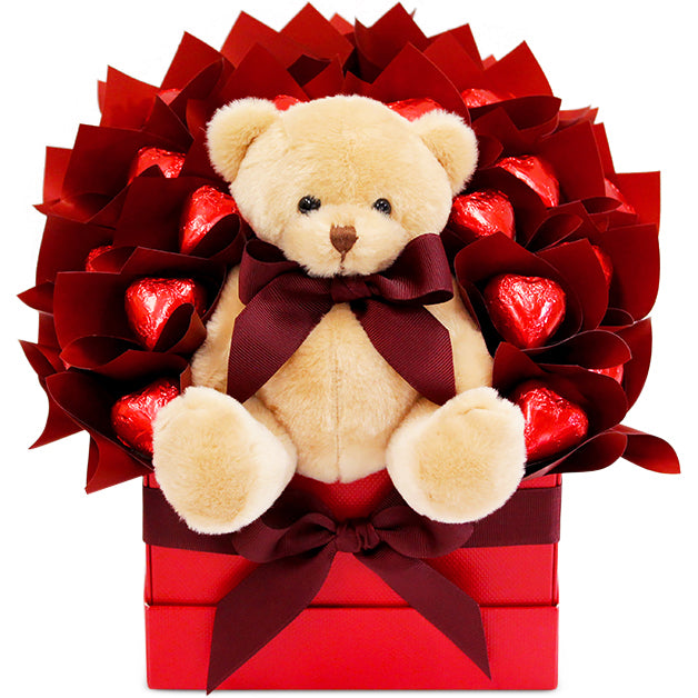 I Love You Beary Much chocolate bouquet with Baxter Bear and red hearts in a red box