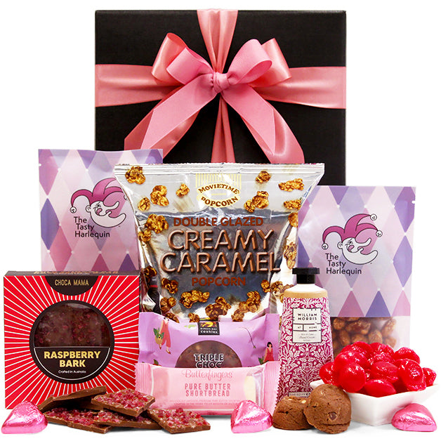 Mum's Favorite gift hamper with hand cream, chocolates and treats in a black gift box