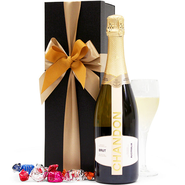 Chandon Brut 750ml and chocolate truffles in a black gift box with ribbon