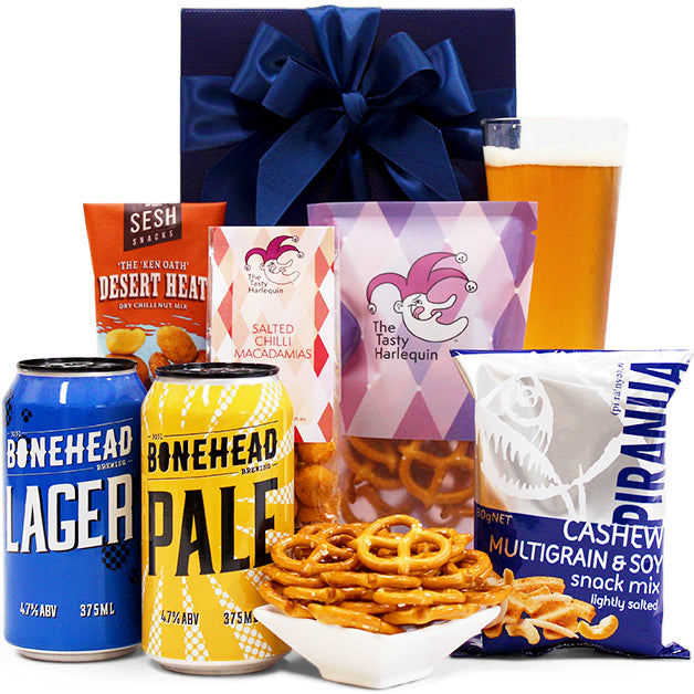 Man of the Moment beer and snack gift hamper in a red or black gift box
