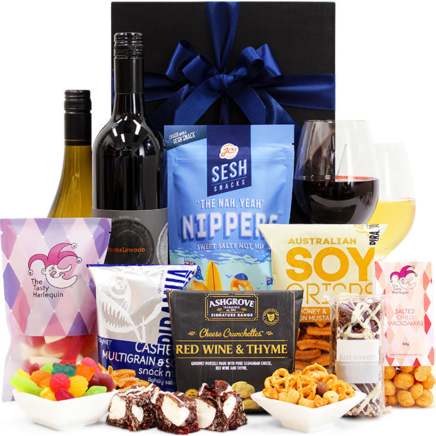 With Thanks premium wine, cheese and snack gift hamper in a black gift box