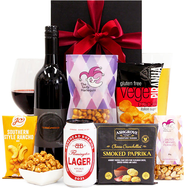 Happy Hour Aussie wine, beer and snacks gift hamper in a black gift box