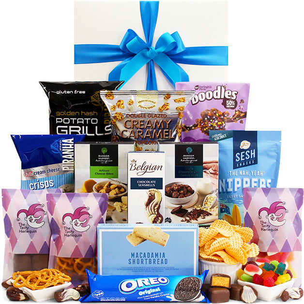 Ultimate Snack Pack gift hamper loaded with snacks in a large white gift box