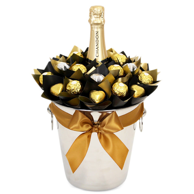 Let's Celebrate Chandon Brut and Ferrero Rocher gift set in a stainless steel ice bucket