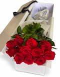 Boxed Dozen elegantly presented red roses in a gift box