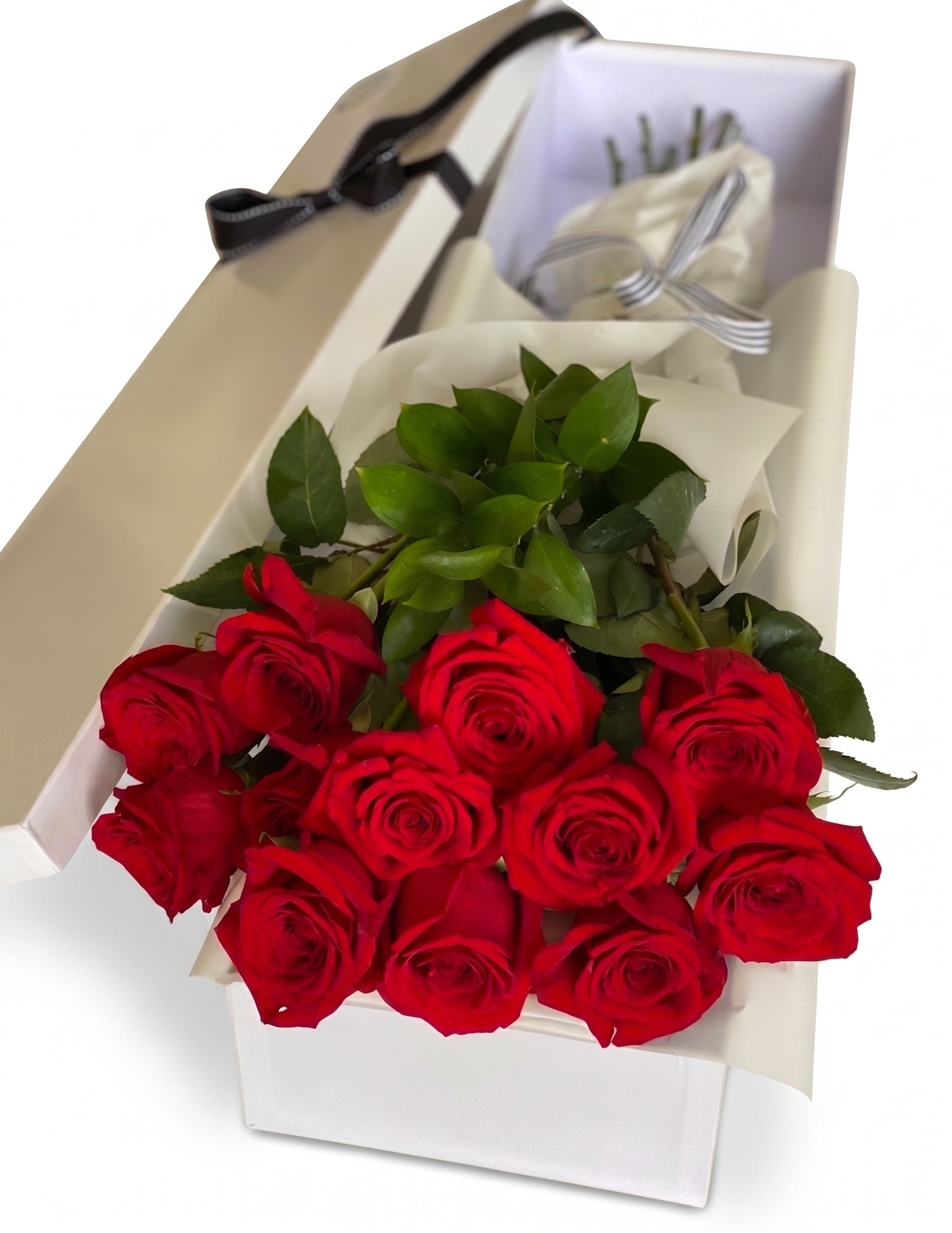 Boxed Dozen elegantly presented red roses in a gift box