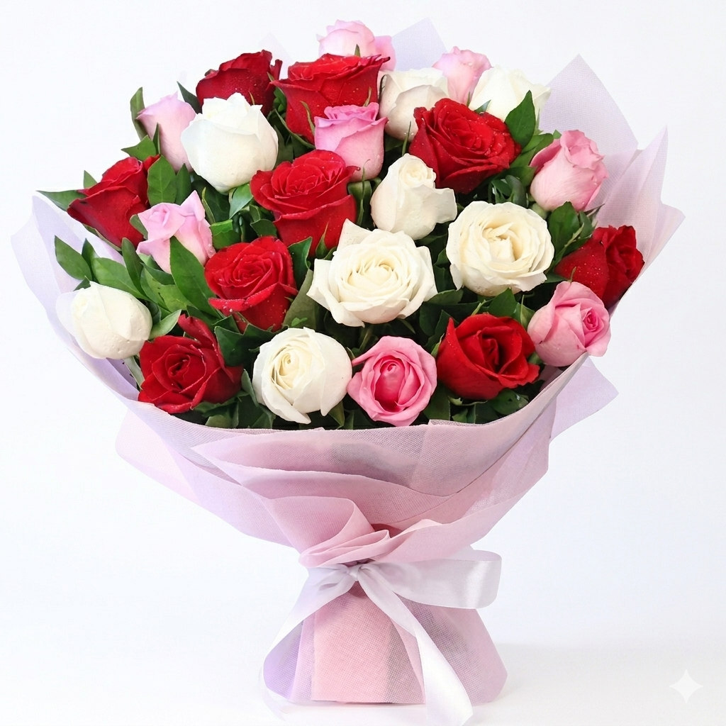 Cupid's Handiwork red, pink and white rose vase arrangement
