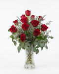 Stunning 12 rich red roses in a vase