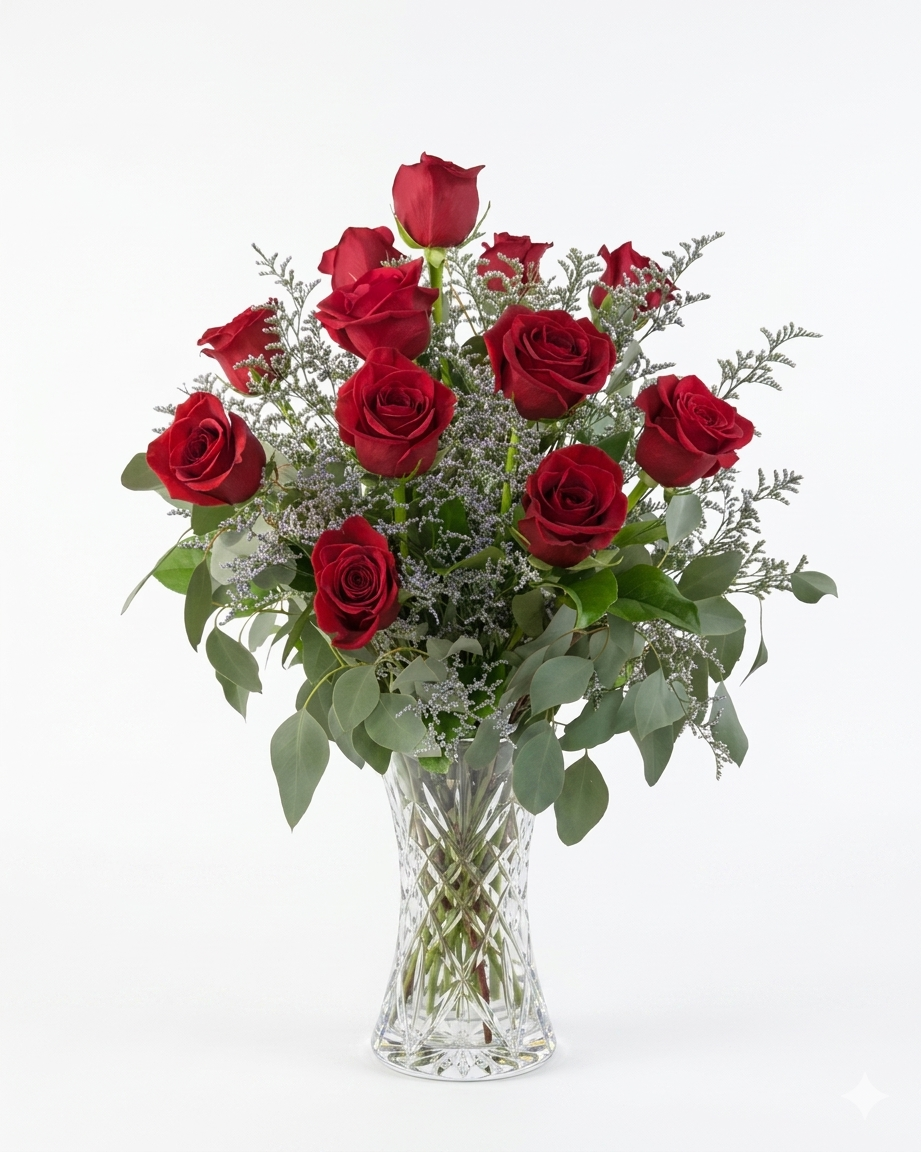 Stunning 12 rich red roses in a vase