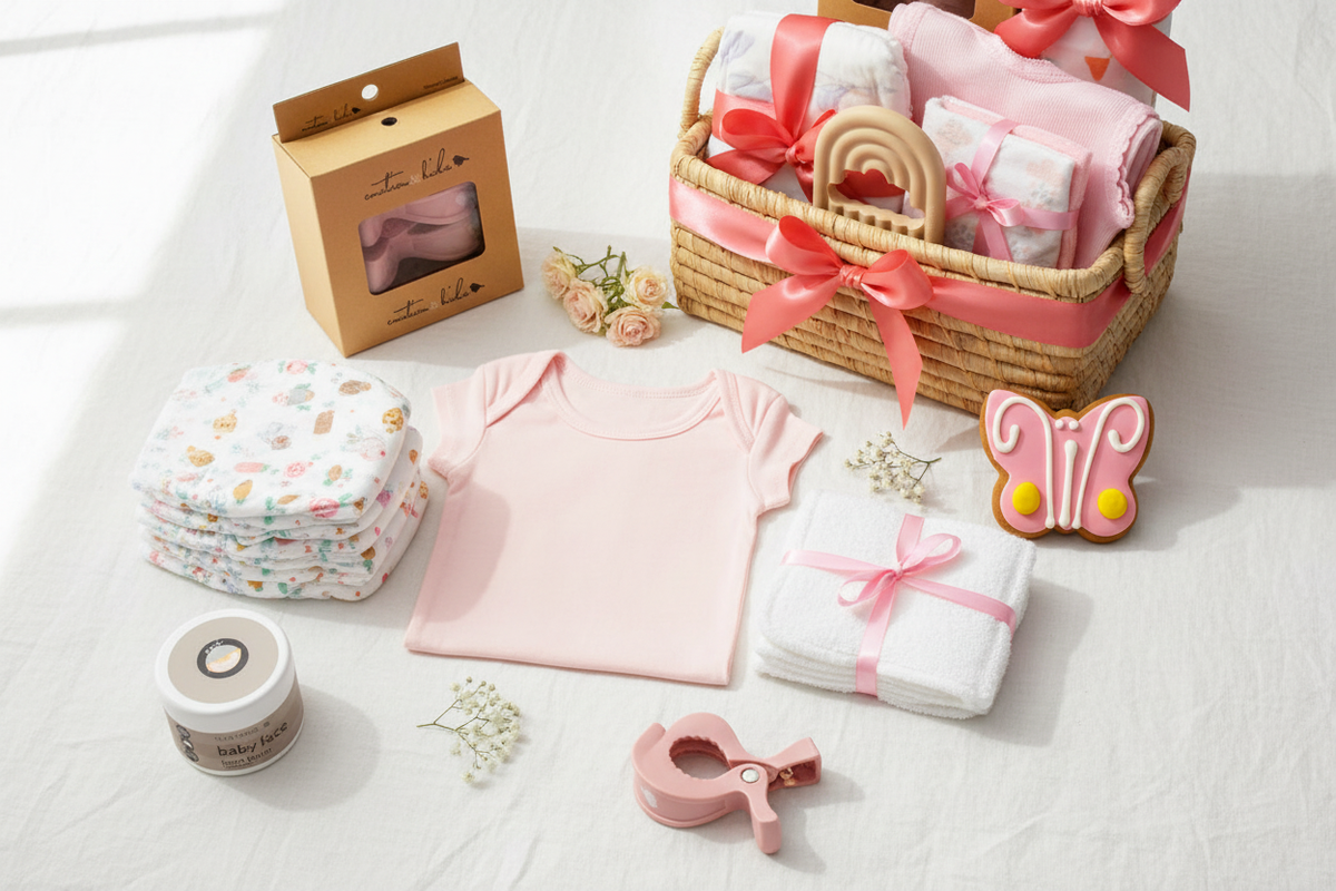 Baby Essentials Gift Basket Pink - Flat Lay